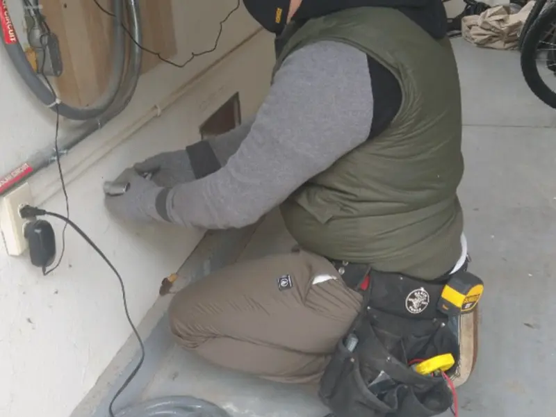 Electrician performing outlet wiring in a Isla Vista garage